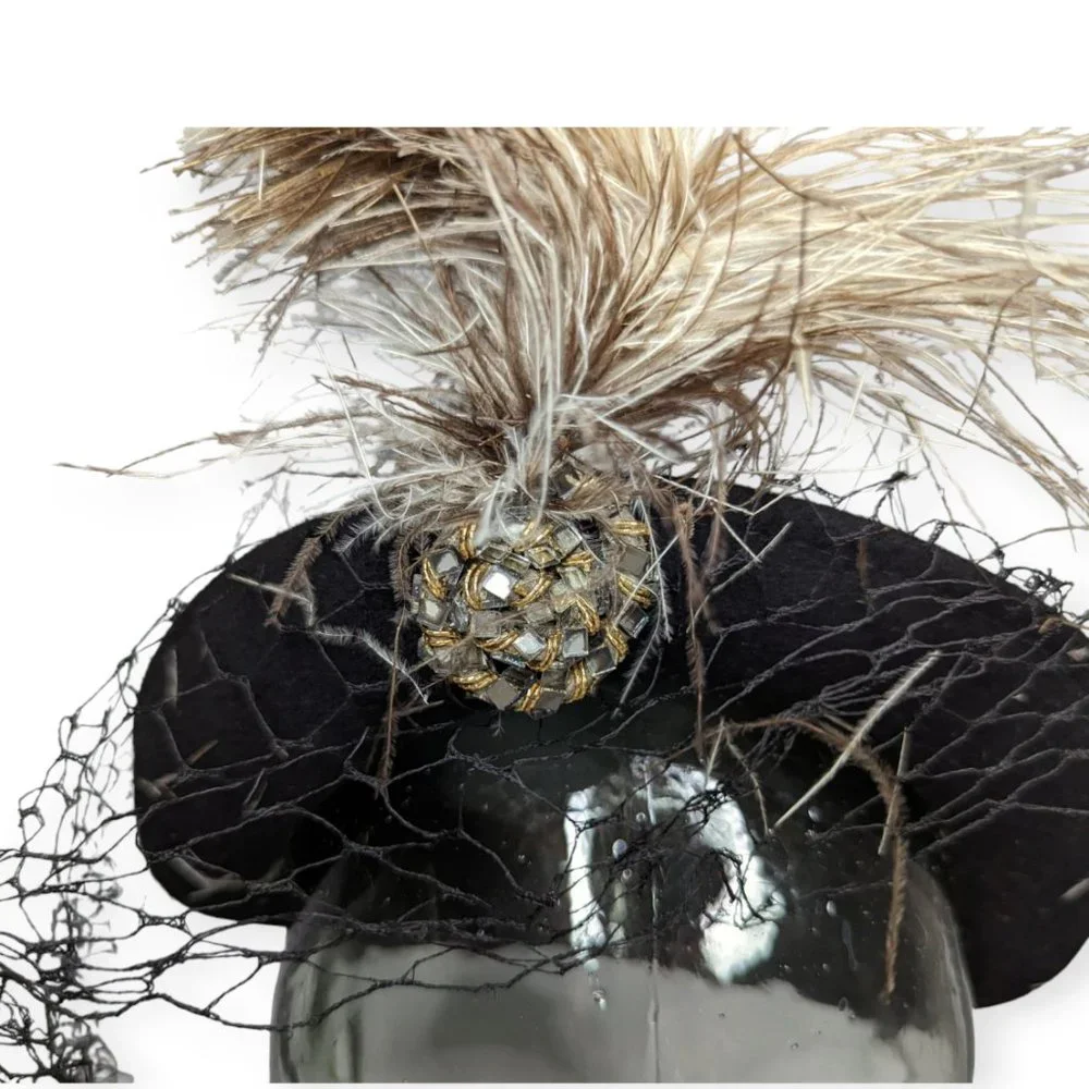 Vintage Merrimac 100% Black Wool Hat with Feathers and Jeweled Accent - Picture 2 of 10